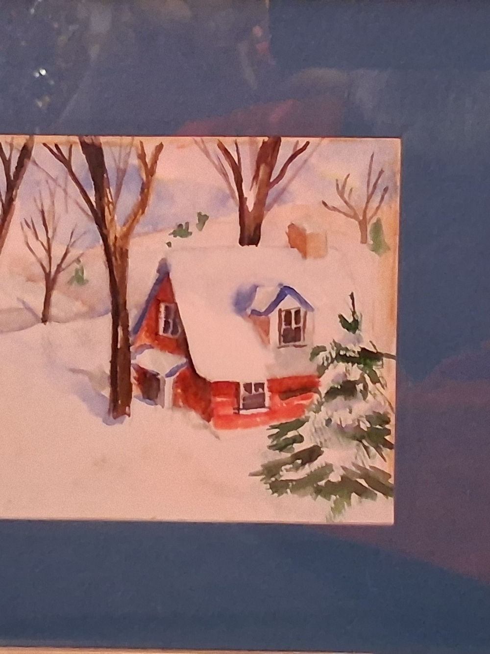 Red Cottage Winter Watercolor with Snowy Evergreen